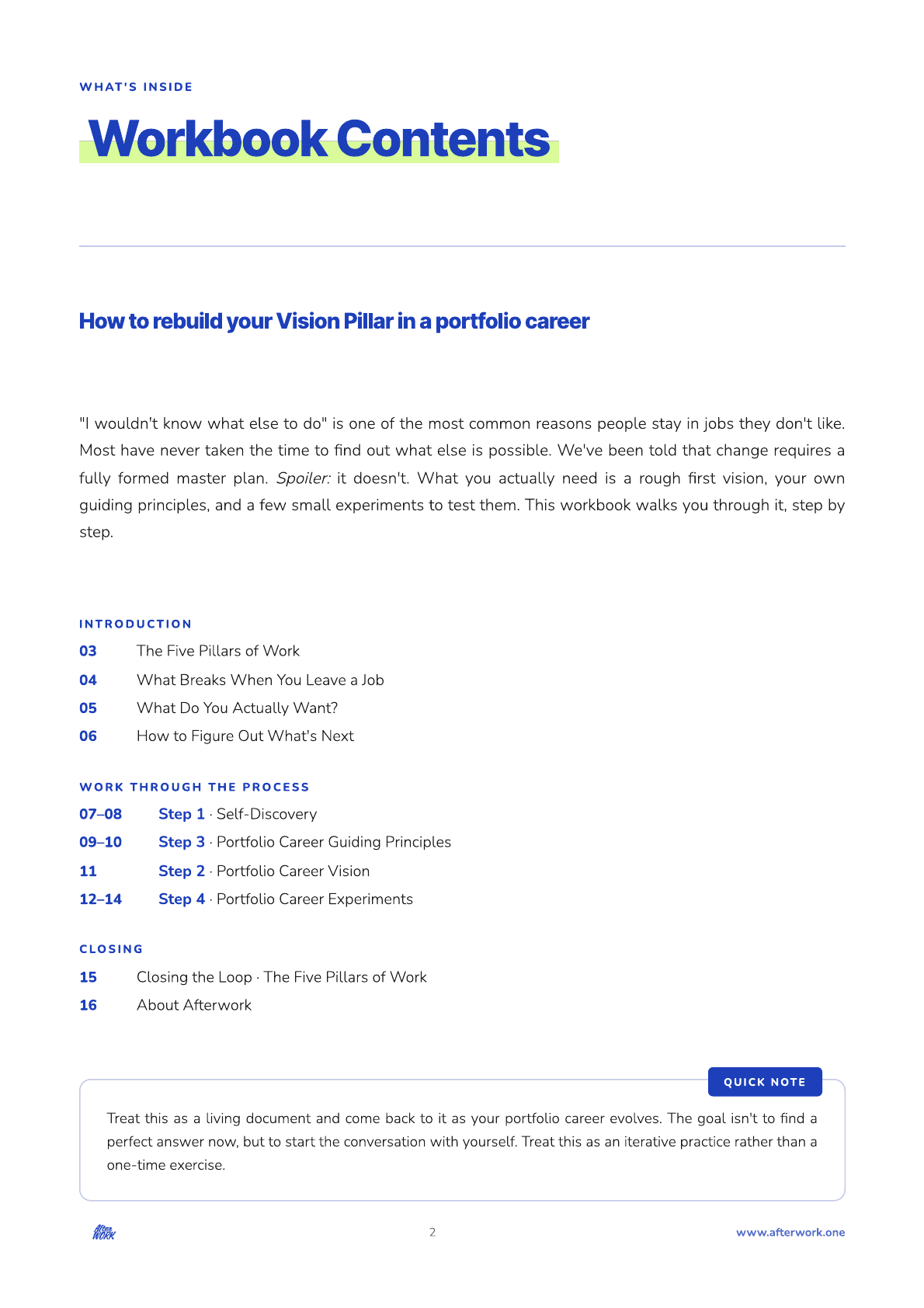 Vision Pillar Workbook · Contents
