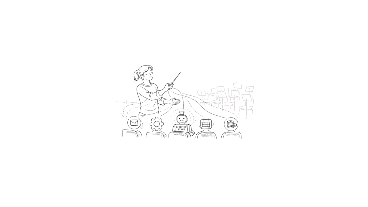 Person conducting AI agents like an orchestra, illustration of an agentic portfolio career.
