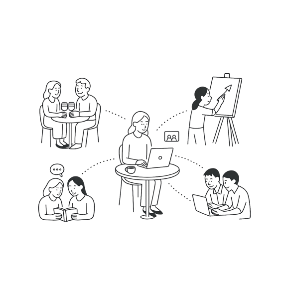 Figure connected to groups of people, illustration for the Community pillar.