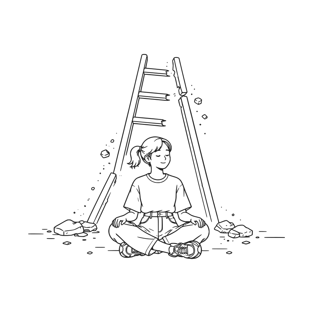 Figure sitting beside a fallen ladder, illustration for the Money pillar.